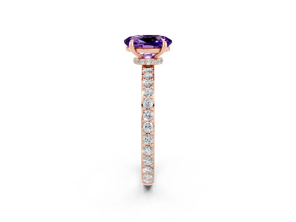 Rose gold Oval Cut Amethyst Solitaire Engagement Ring with Pavé Band and Four-Prong Setting