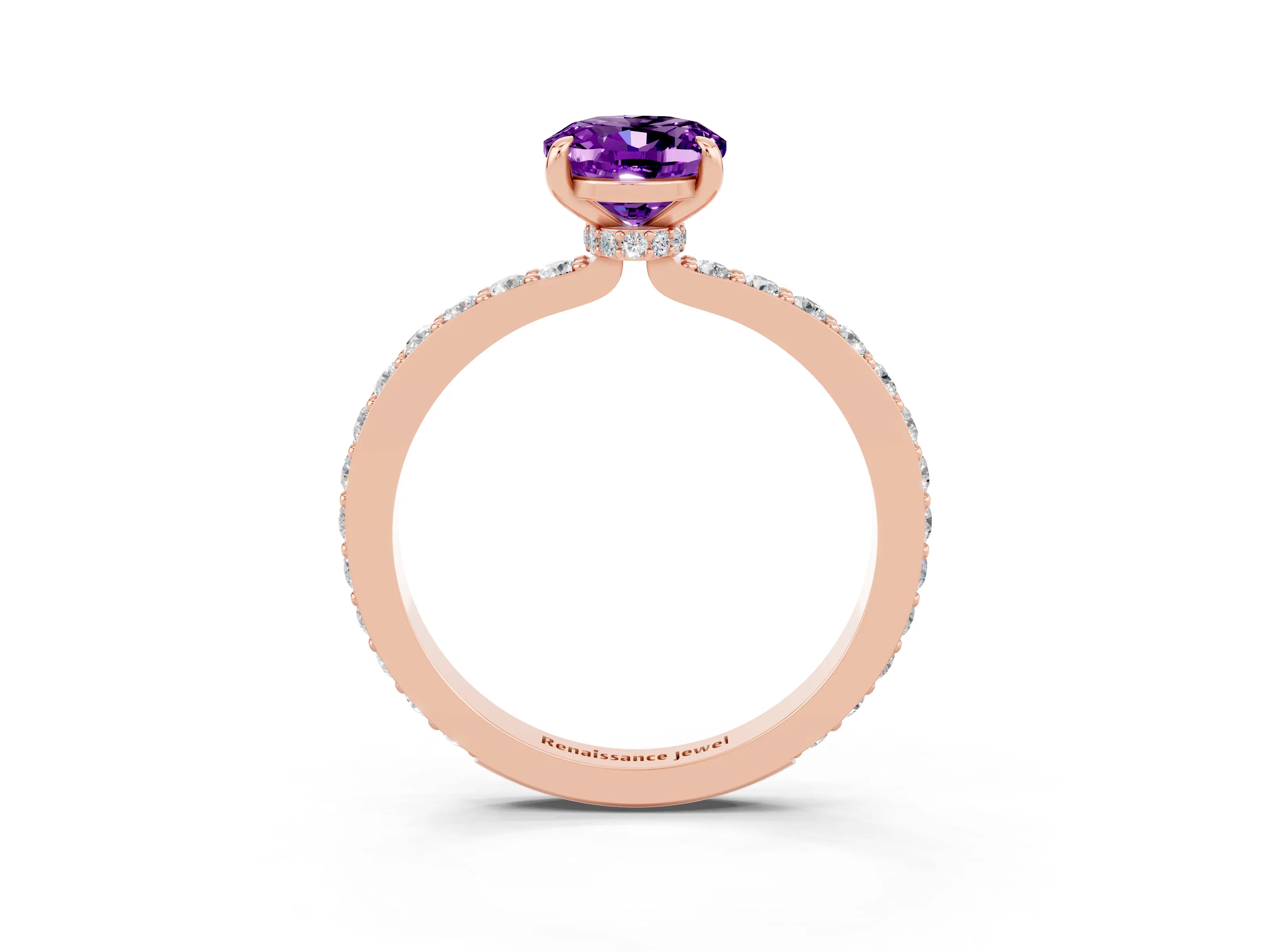Rose gold Oval Cut Amethyst Solitaire Engagement Ring with Pavé Band and Four-Prong Setting_3