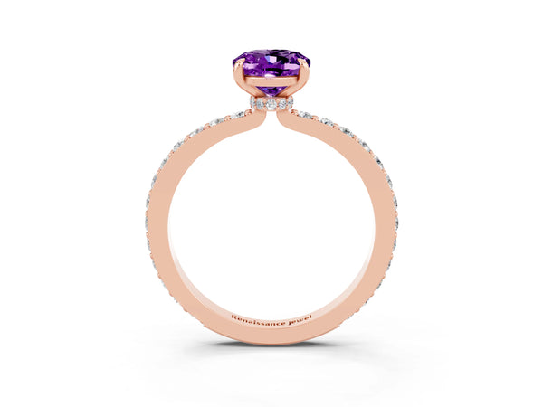 Rose gold Oval Cut Amethyst Solitaire Engagement Ring with Pavé Band and Four-Prong Setting