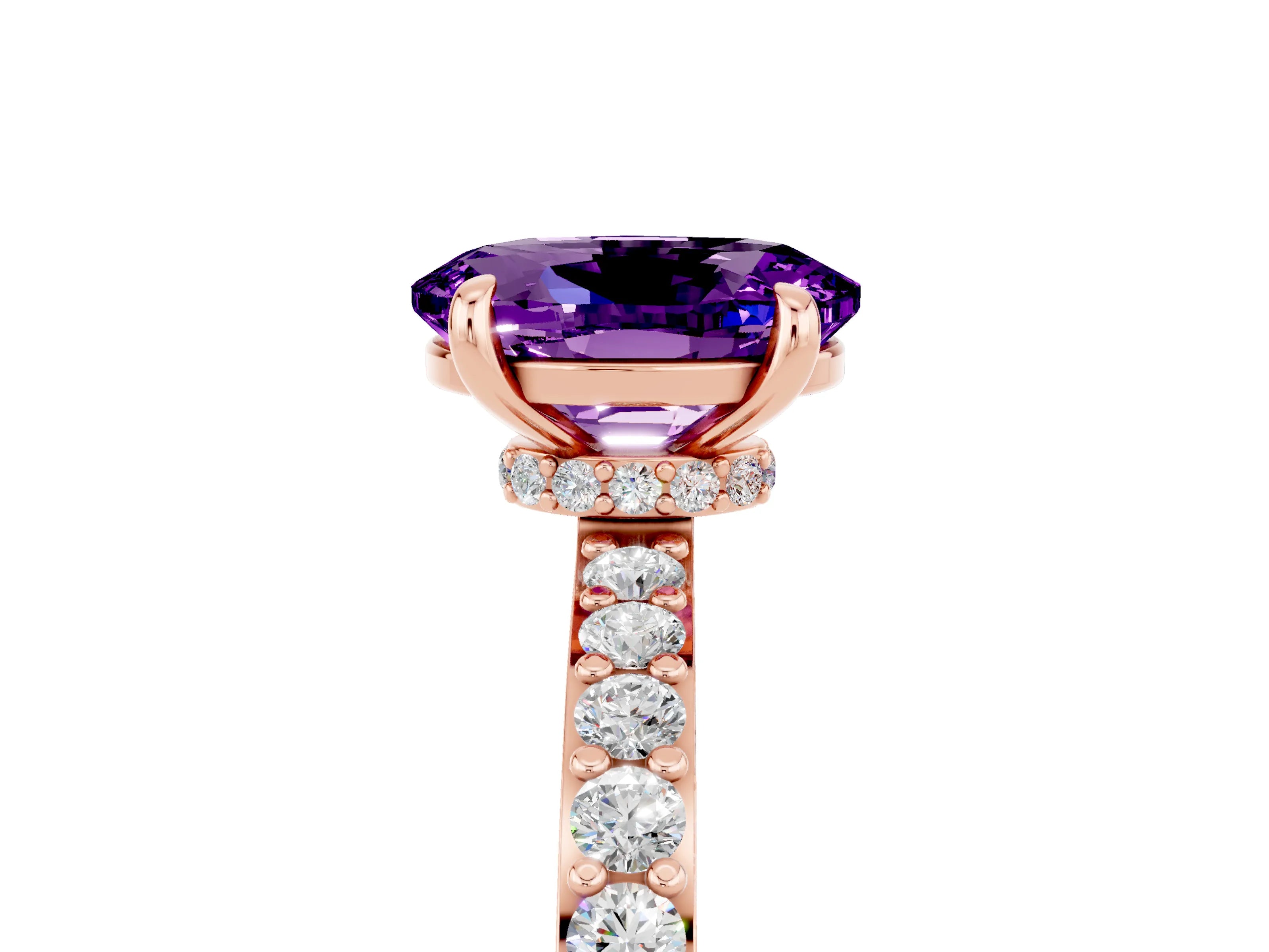 Rose gold Oval Cut Amethyst Solitaire Engagement Ring with Pavé Band and Four-Prong Setting_5