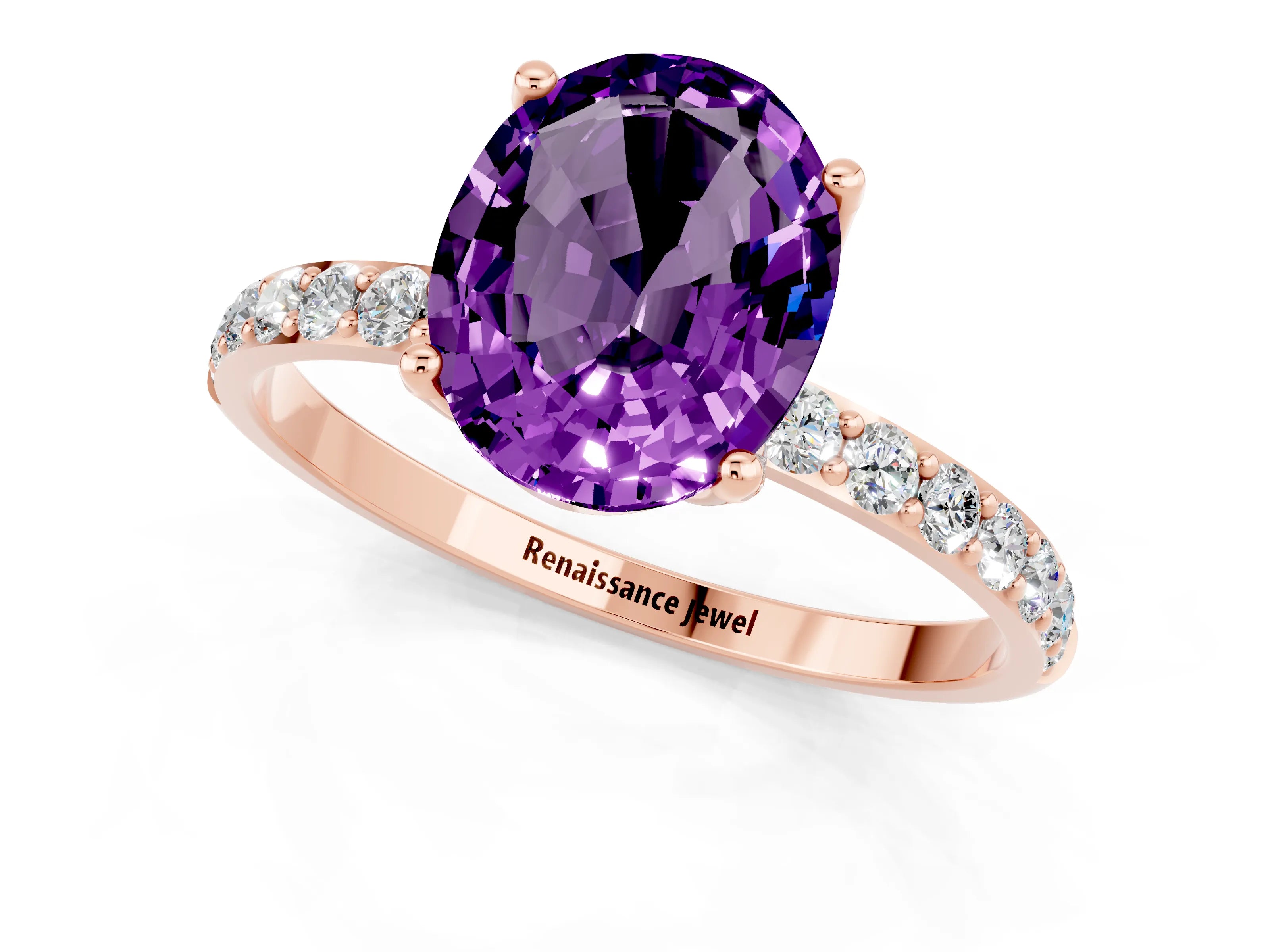 Rose gold Oval Cut Amethyst Solitaire Engagement Ring with Pavé Band and Prong Setting_1