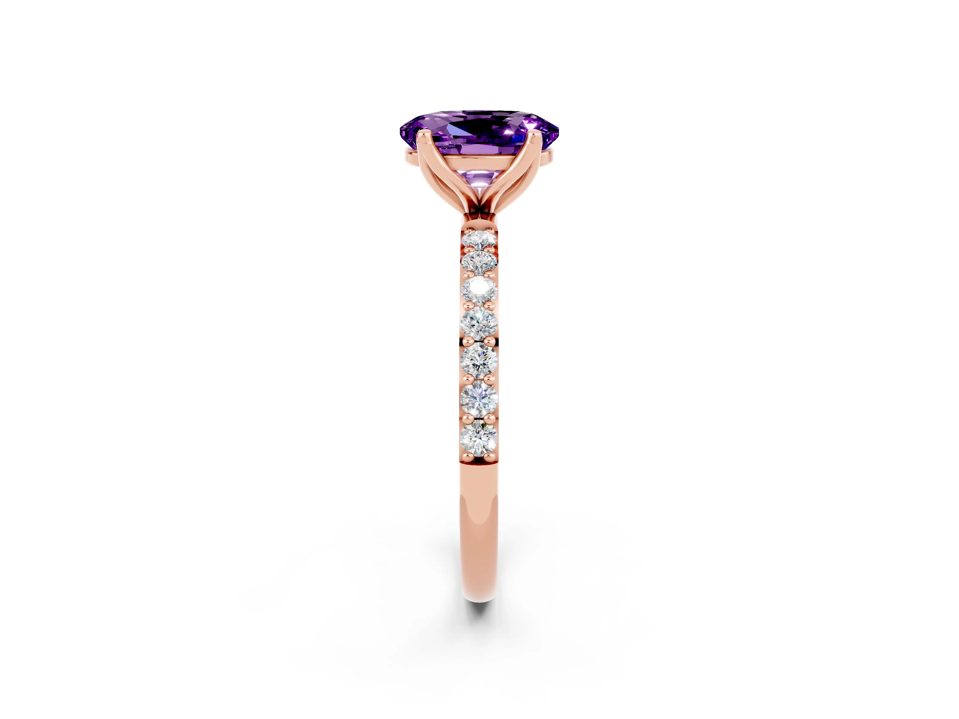 Rose gold Oval Cut Amethyst Solitaire Engagement Ring with Pavé Band and Prong Setting_2