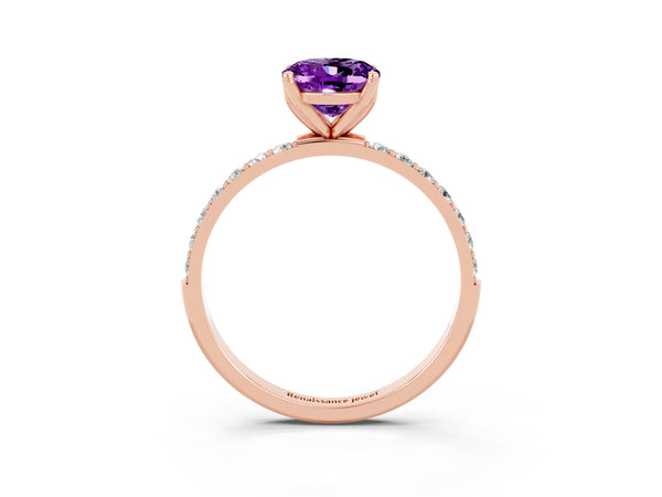 Rose gold Oval Cut Amethyst Solitaire Engagement Ring with Round  Pavé Band and Prong Setting