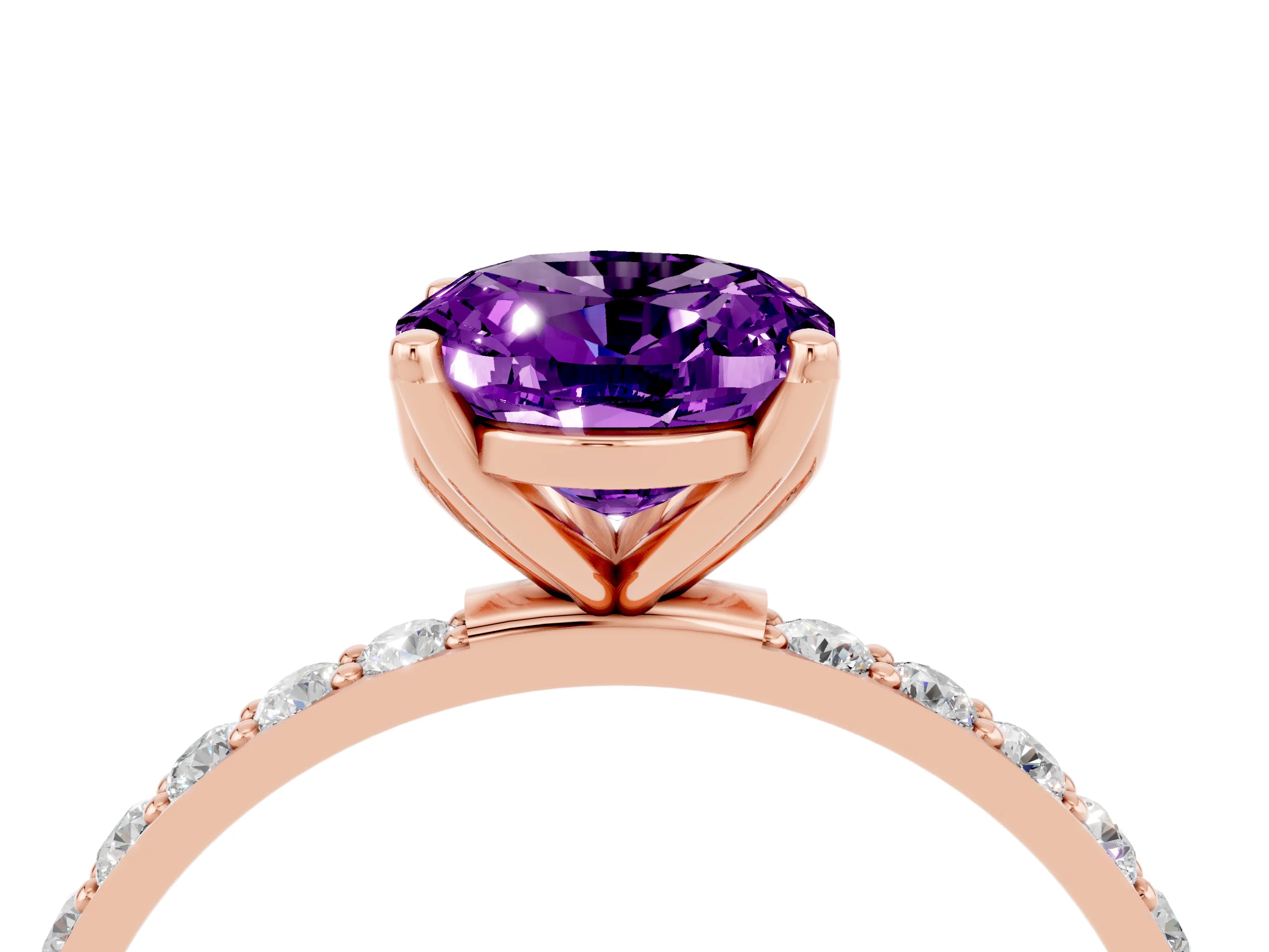 Rose gold Oval Cut Amethyst Solitaire Engagement Ring with Pavé Band and Prong Setting_4