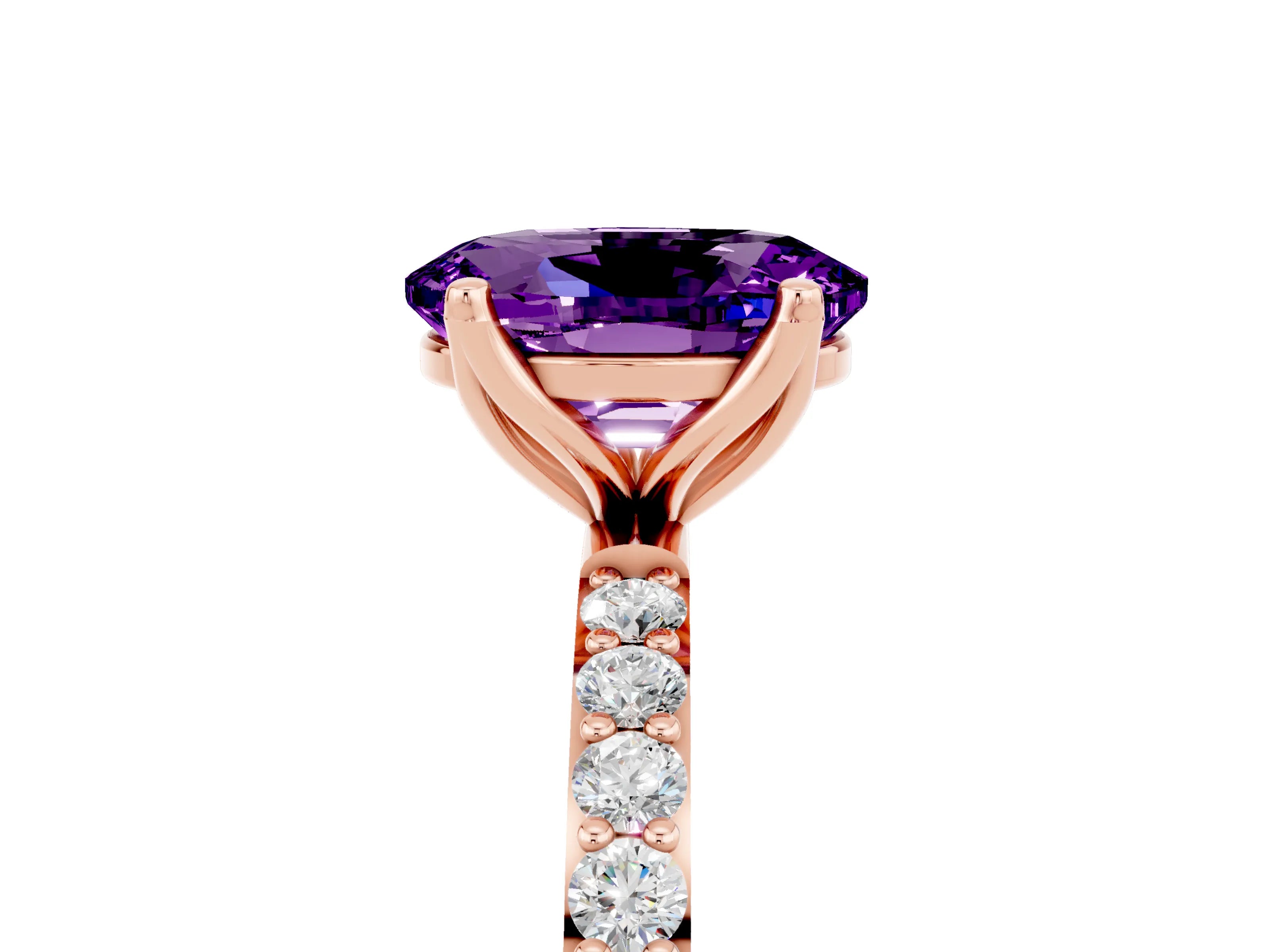 Rose gold Oval Cut Amethyst Solitaire Engagement Ring with Pavé Band and Prong Setting_5