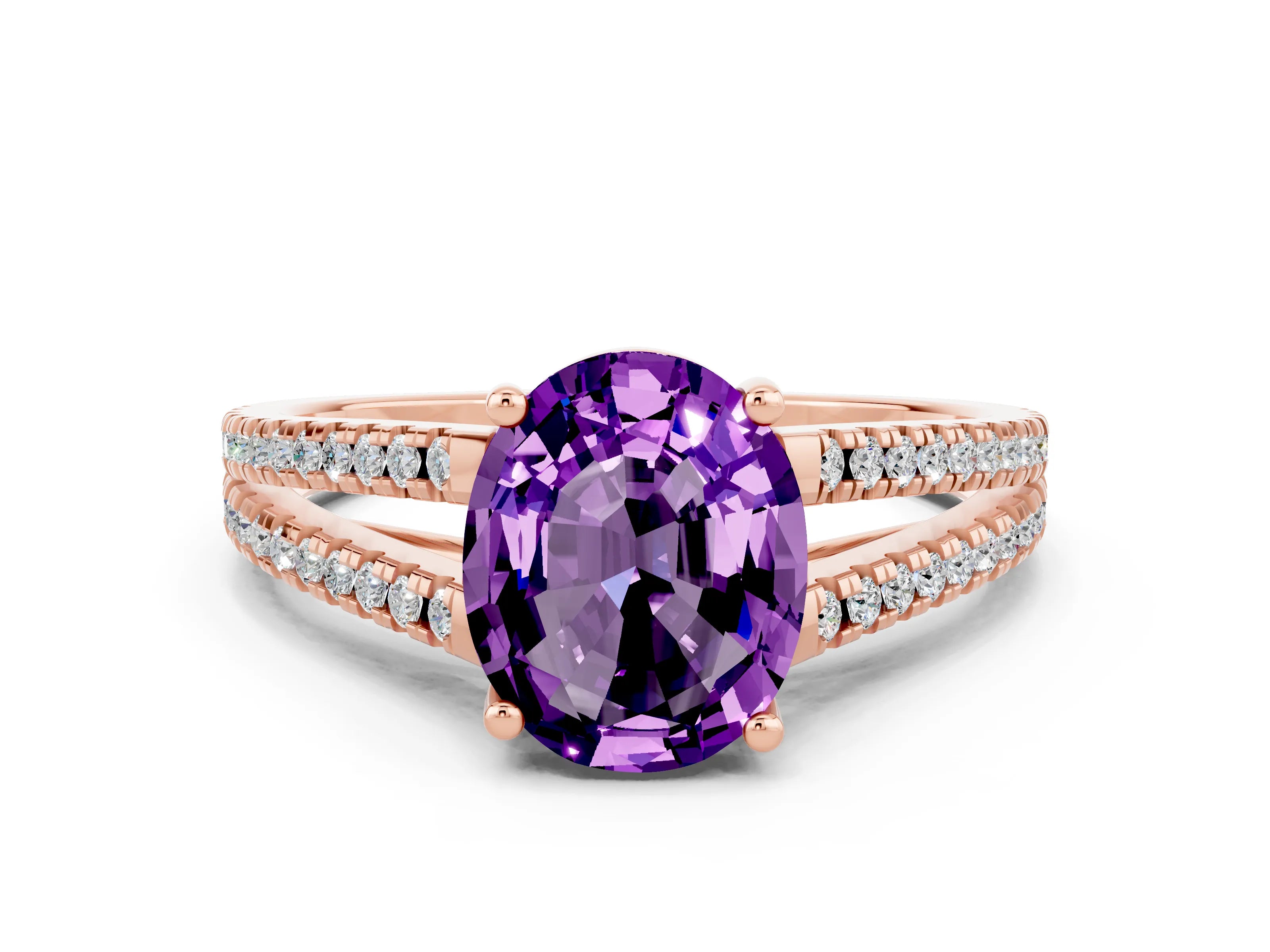Rose gold Oval Cut Amethyst Solitaire Engagement Ring with Split Shank Pavé Band