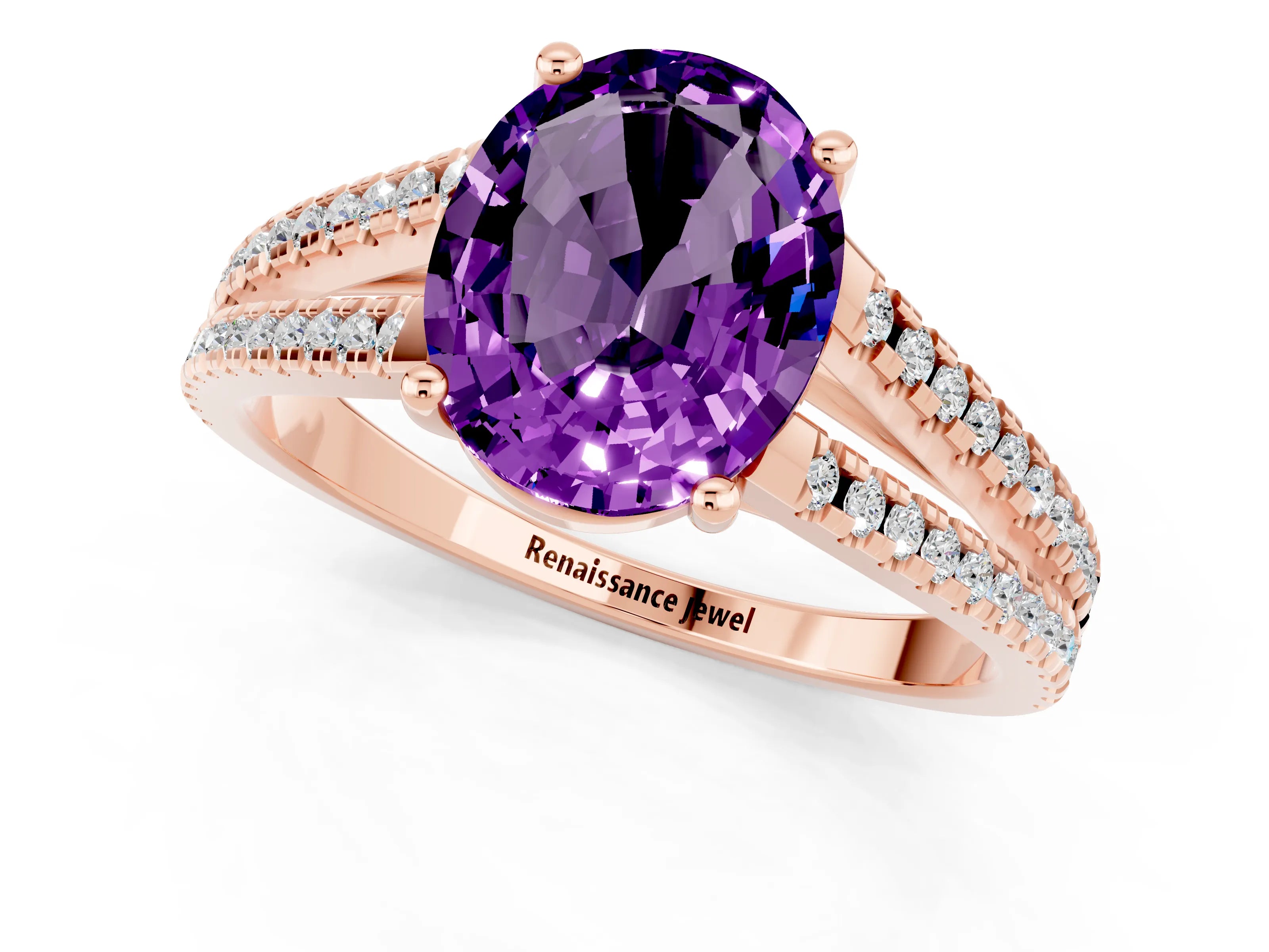 Rose gold Oval Cut Amethyst Solitaire Engagement Ring with Split Shank Pavé Band_1