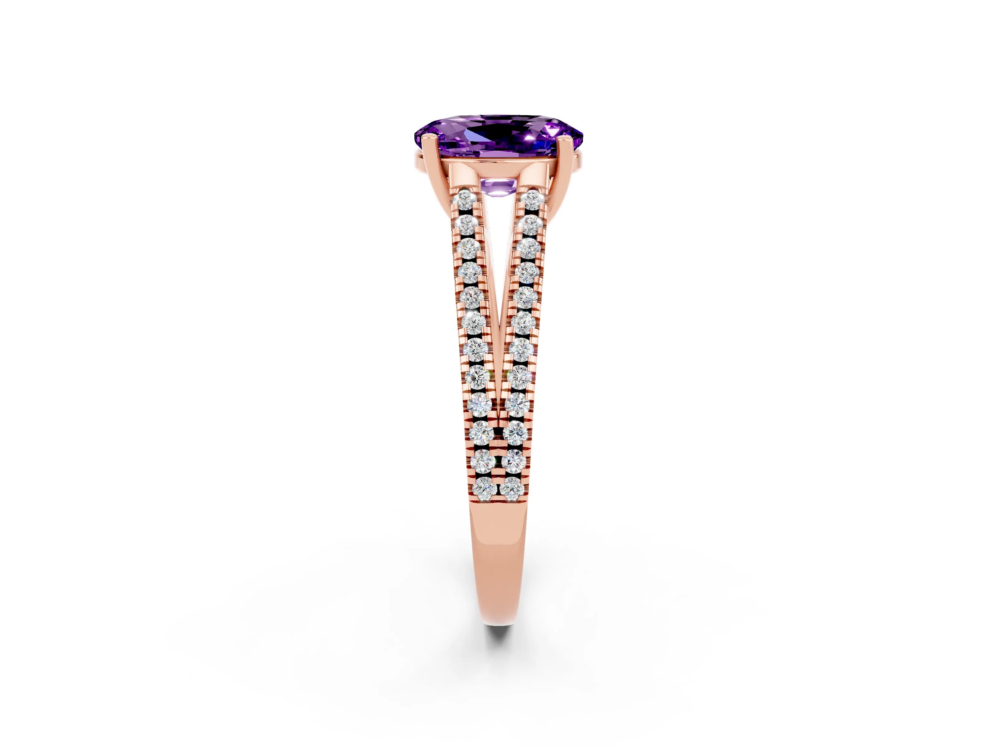 Rose gold Oval Cut Amethyst Solitaire Engagement Ring with Split Shank Pavé Band_2