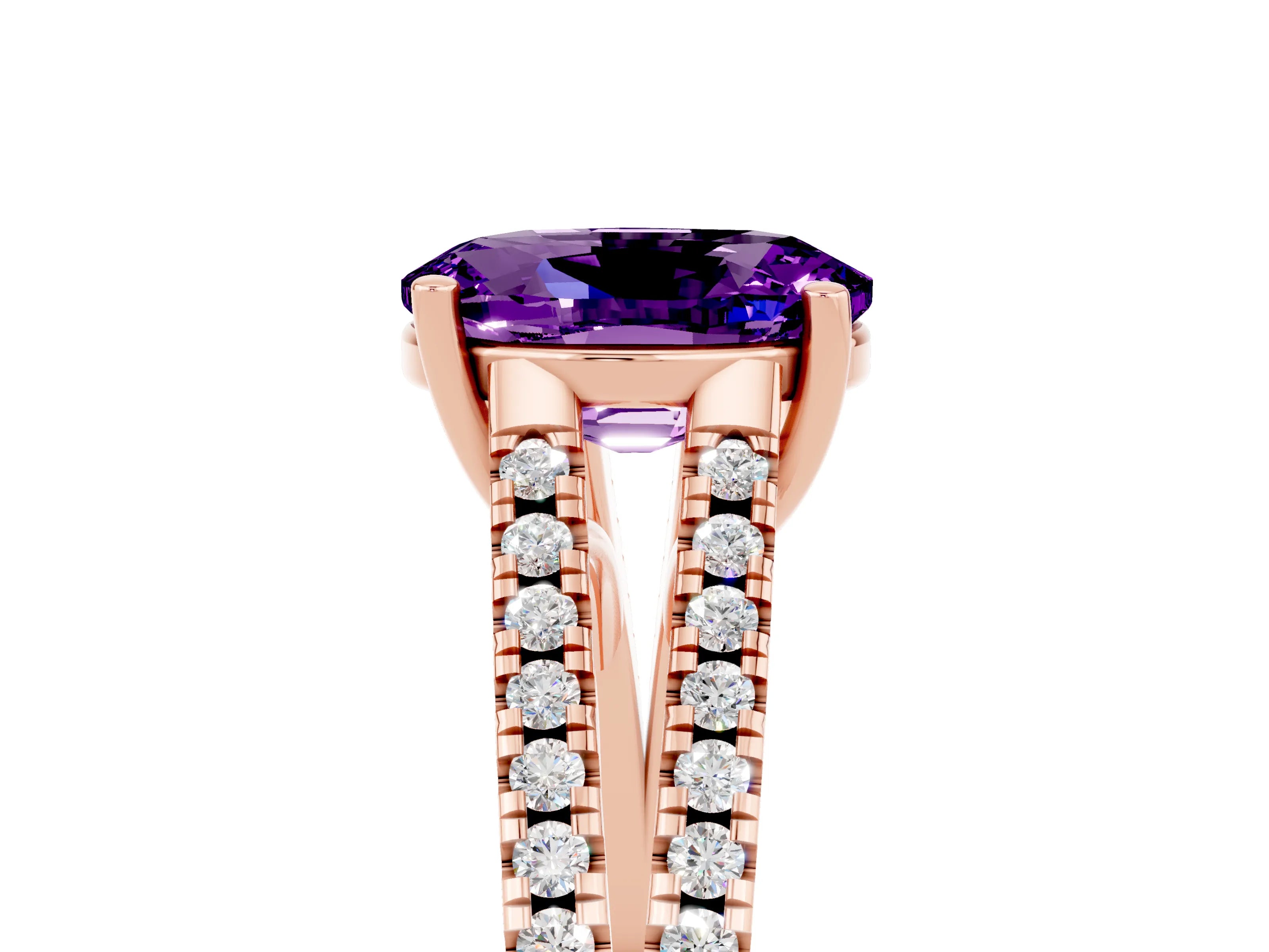 Rose gold Oval Cut Amethyst Solitaire Engagement Ring with Split Shank Pavé Band_5