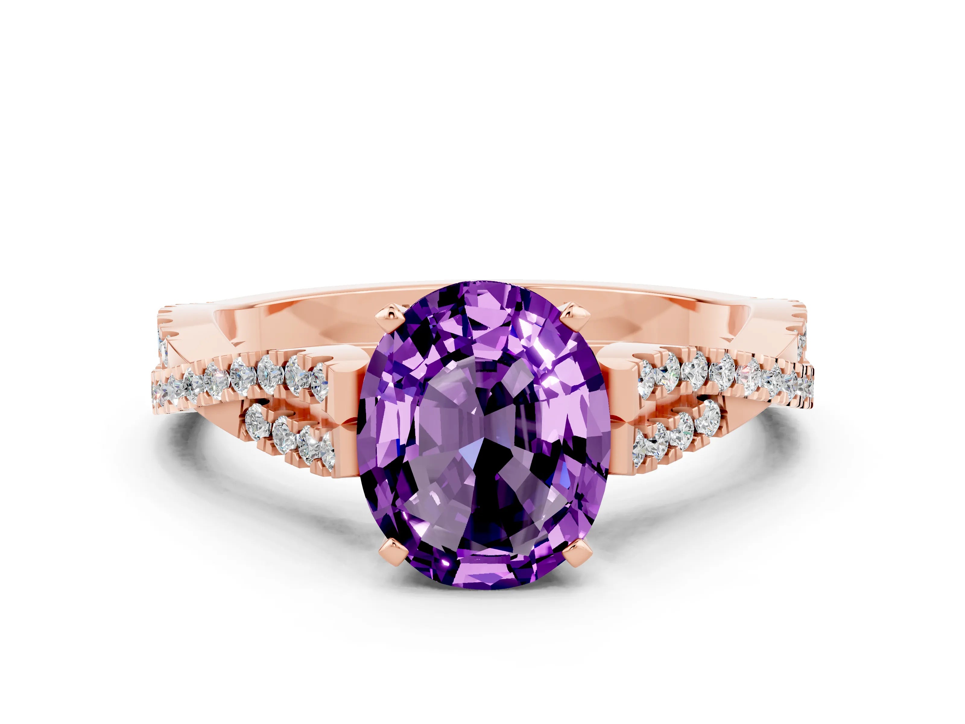 Rose gold Oval Cut Amethyst Solitaire Engagement Ring with Twisted Pavé Band and Four-Prong Setting