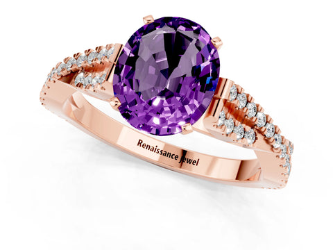Rose gold Oval Cut Amethyst Solitaire Engagement Ring with Twisted Pavé Band and Four-Prong Setting_1