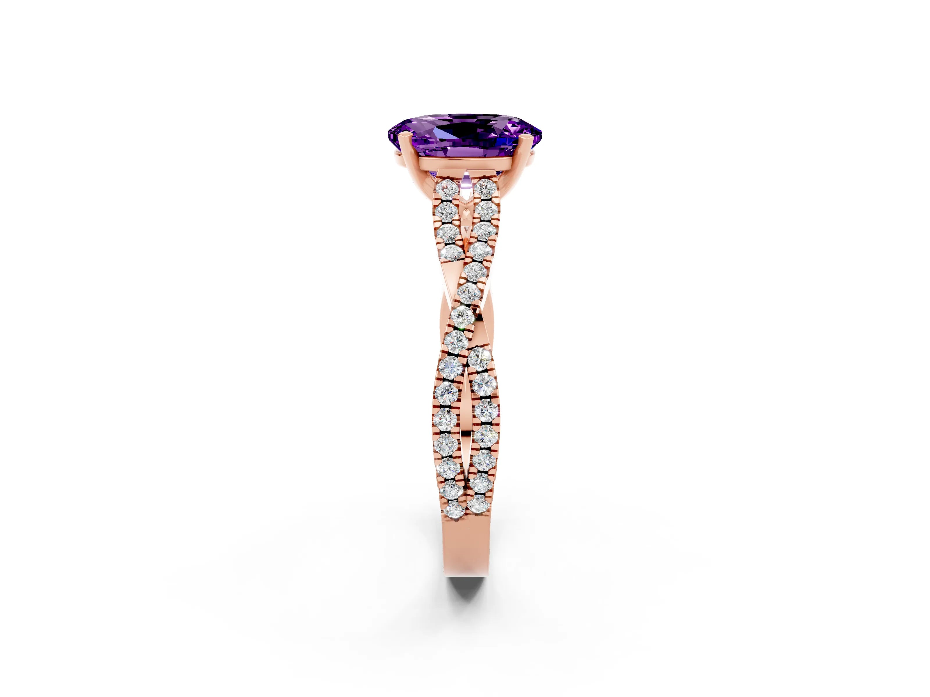 Rose gold Oval Cut Amethyst Solitaire Engagement Ring with Twisted Pavé Band and Four-Prong Setting_2