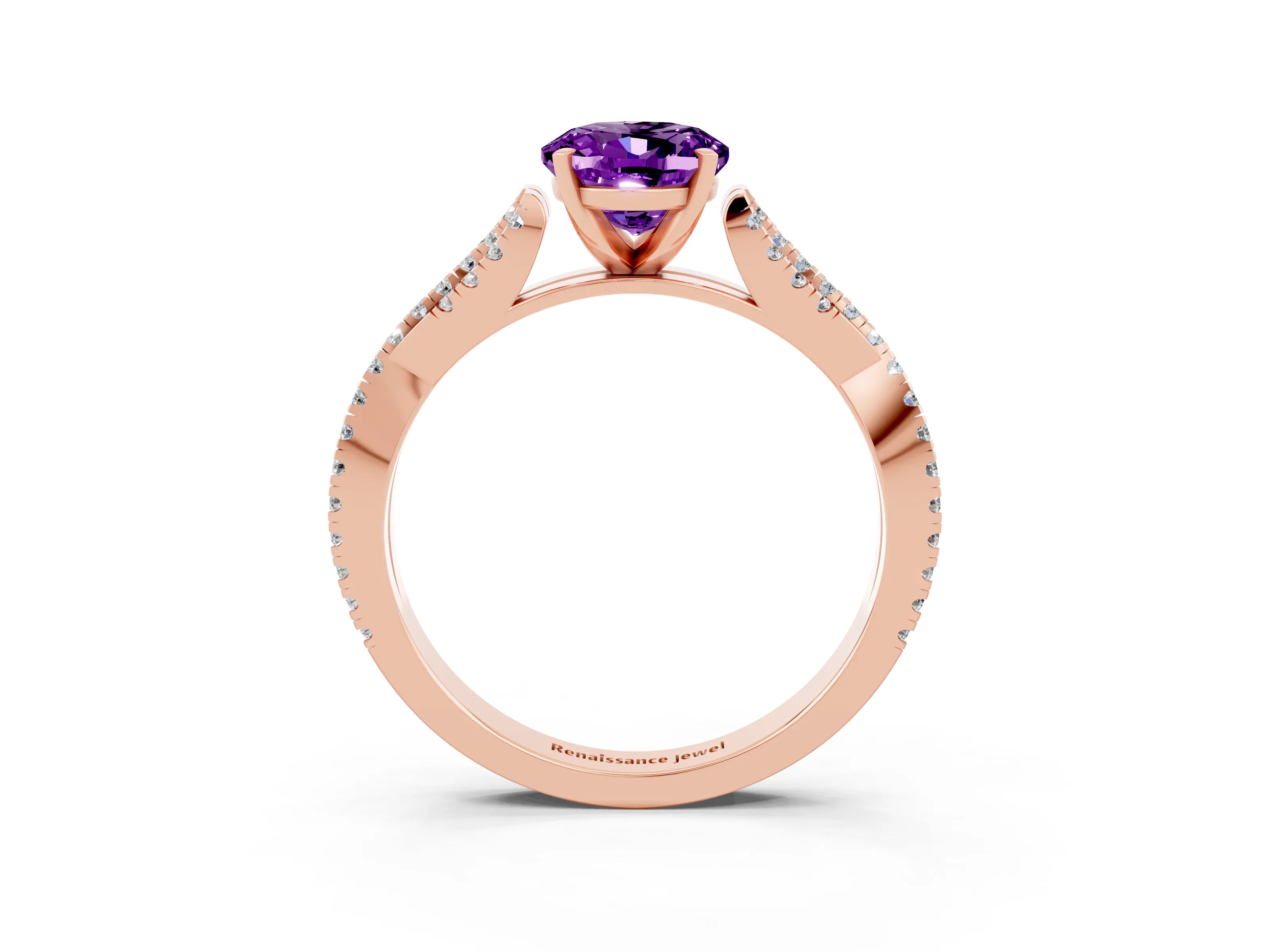Rose gold Oval Cut Amethyst Solitaire Engagement Ring with Twisted Pavé Band and Four-Prong Setting_3