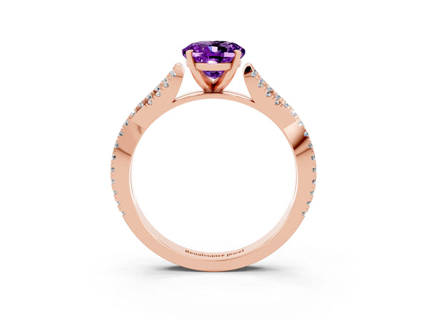 Rose gold Oval Cut Amethyst Solitaire Engagement Ring with Twisted Pavé Band and Four-Prong Setting
