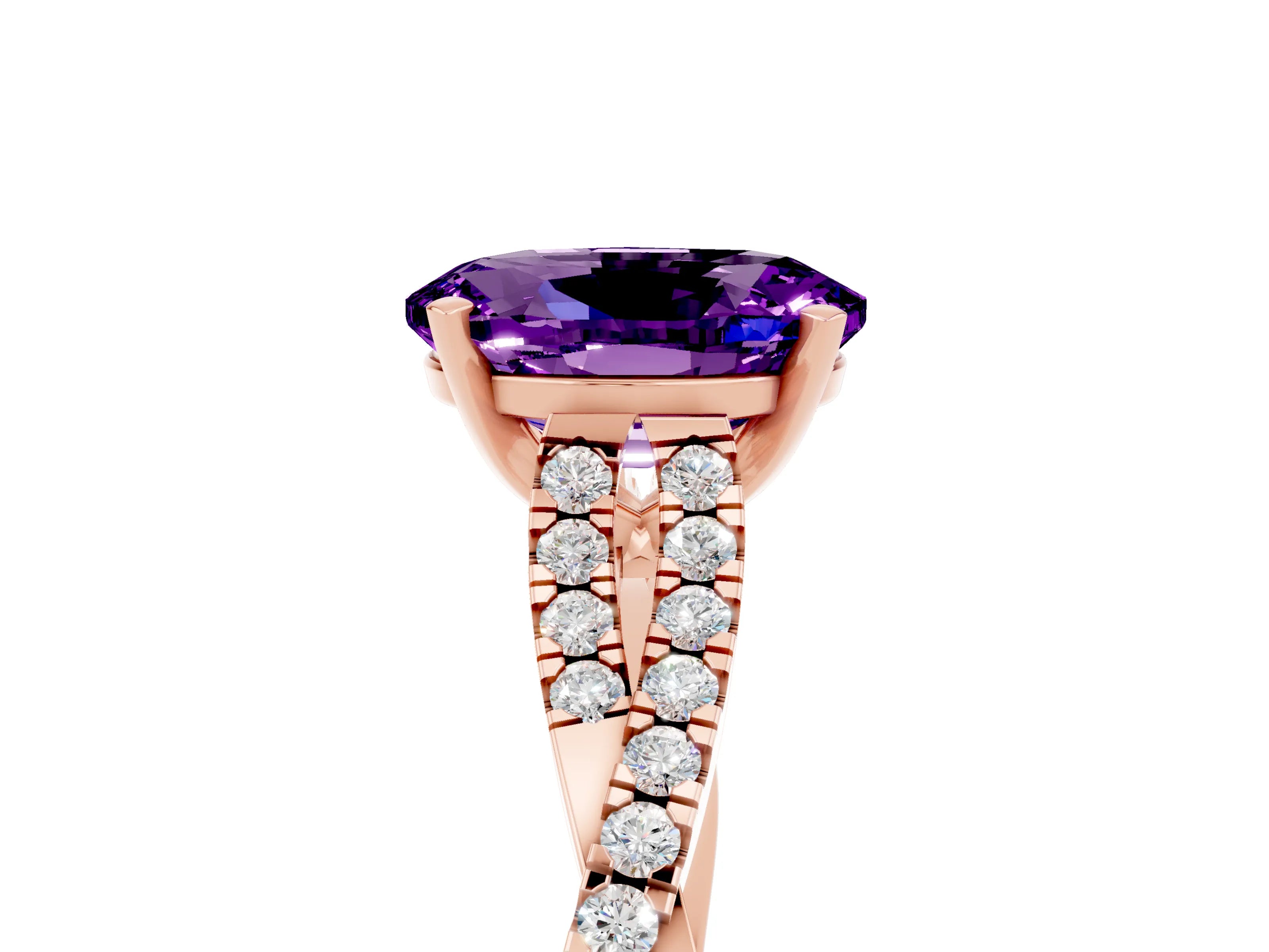 Rose gold Oval Cut Amethyst Solitaire Engagement Ring with Twisted Pavé Band and Four-Prong Setting_5