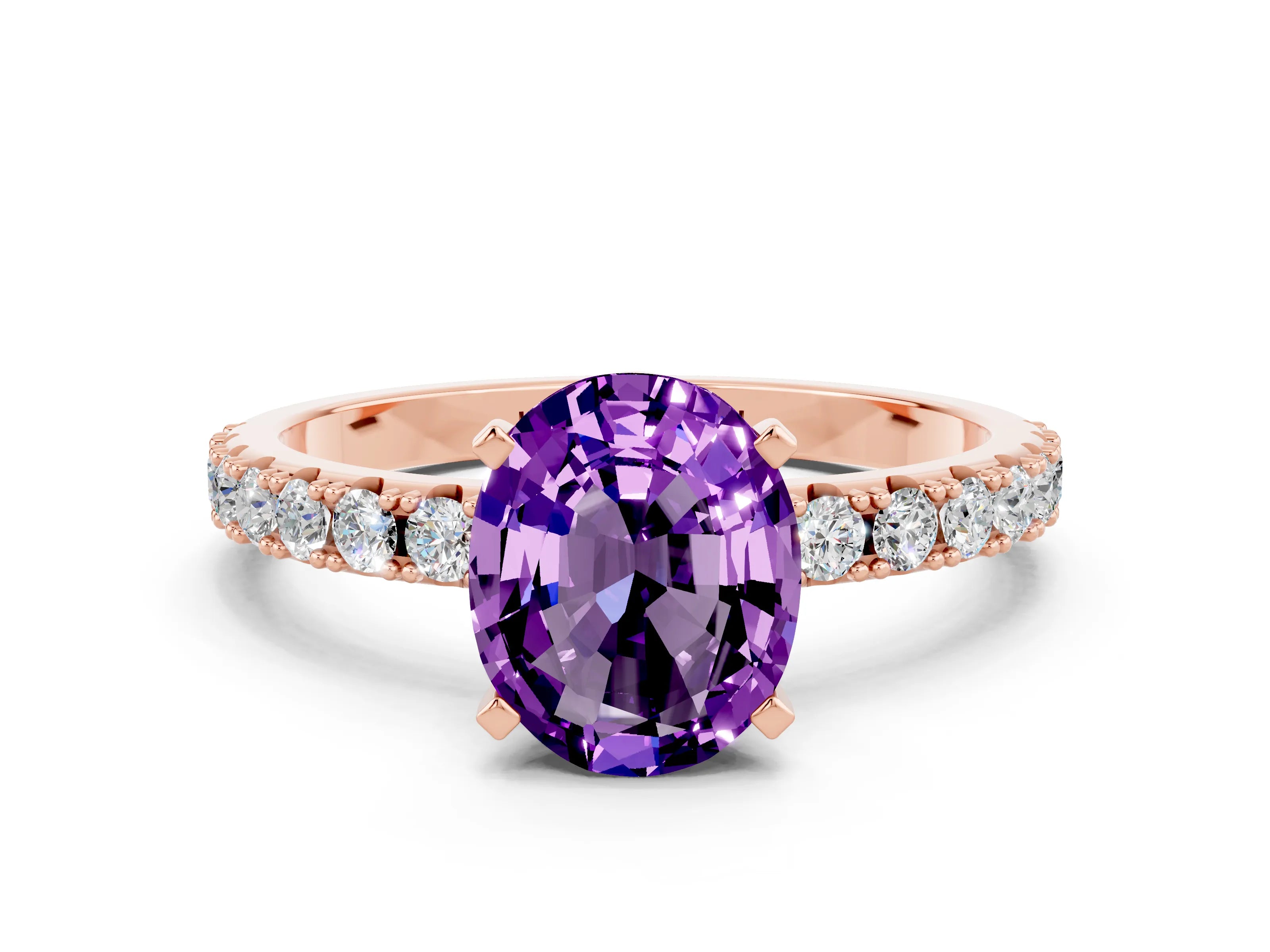 Rose gold Oval Cut Amethyst Solitaire Pavé Band with Four-Prong Setting