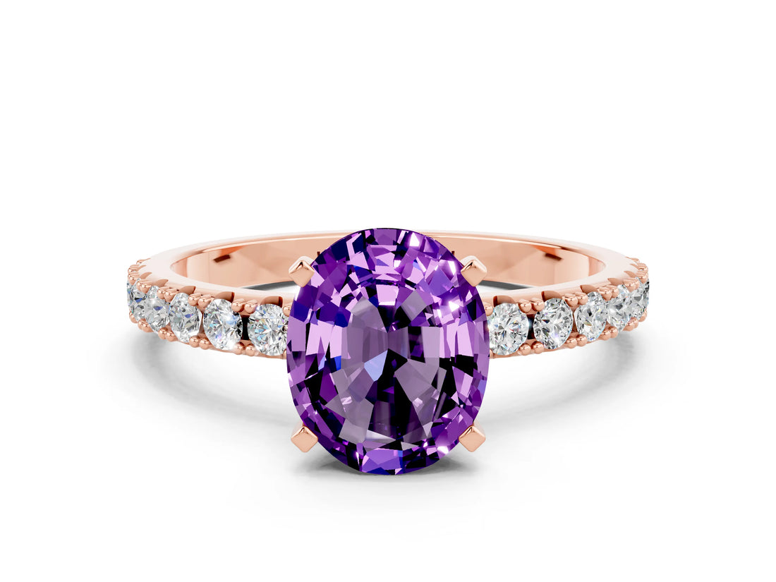 Rose gold Oval Cut Amethyst Solitaire Pavé Band with Four-Prong Setting