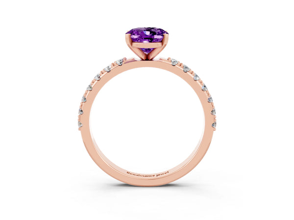 Rose gold Oval Cut Amethyst Solitaire Pavé Band with Four-Prong Setting