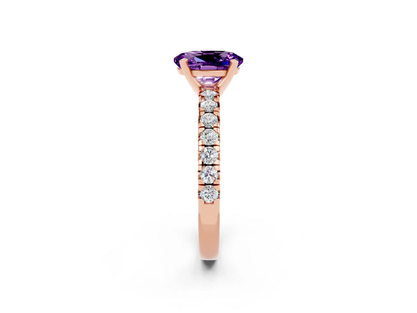 Rose gold Oval Cut Amethyst Solitaire Pavé Engagement Ring with Round Band and Prong Setting