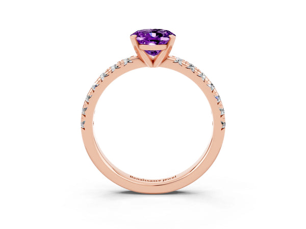 Rose gold Oval Cut Amethyst Solitaire Pavé Engagement Ring with Round Band and Prong Setting