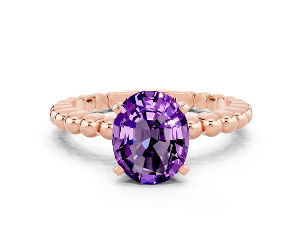 Rose gold Oval Cut Amethyst Solitaire Ring with Beaded Band and Prong Setting