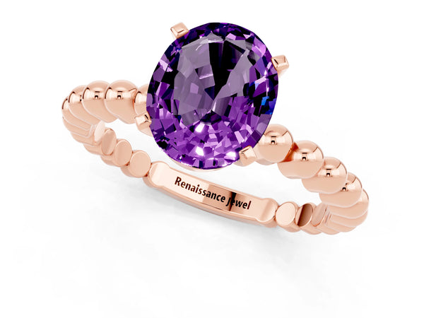 Rose gold Oval Cut Amethyst Solitaire Ring with Beaded Band and Prong Setting