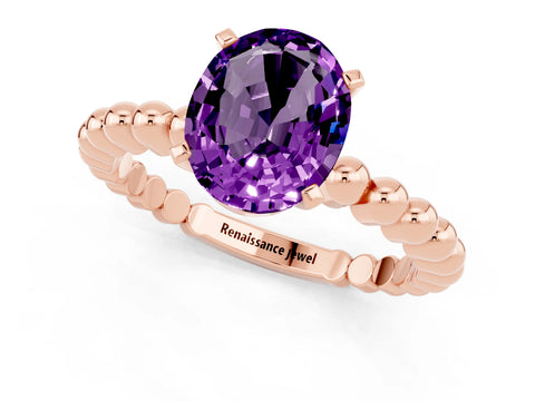 Rose gold Oval Cut Amethyst Solitaire Ring with Beaded Band and Prong Setting_1