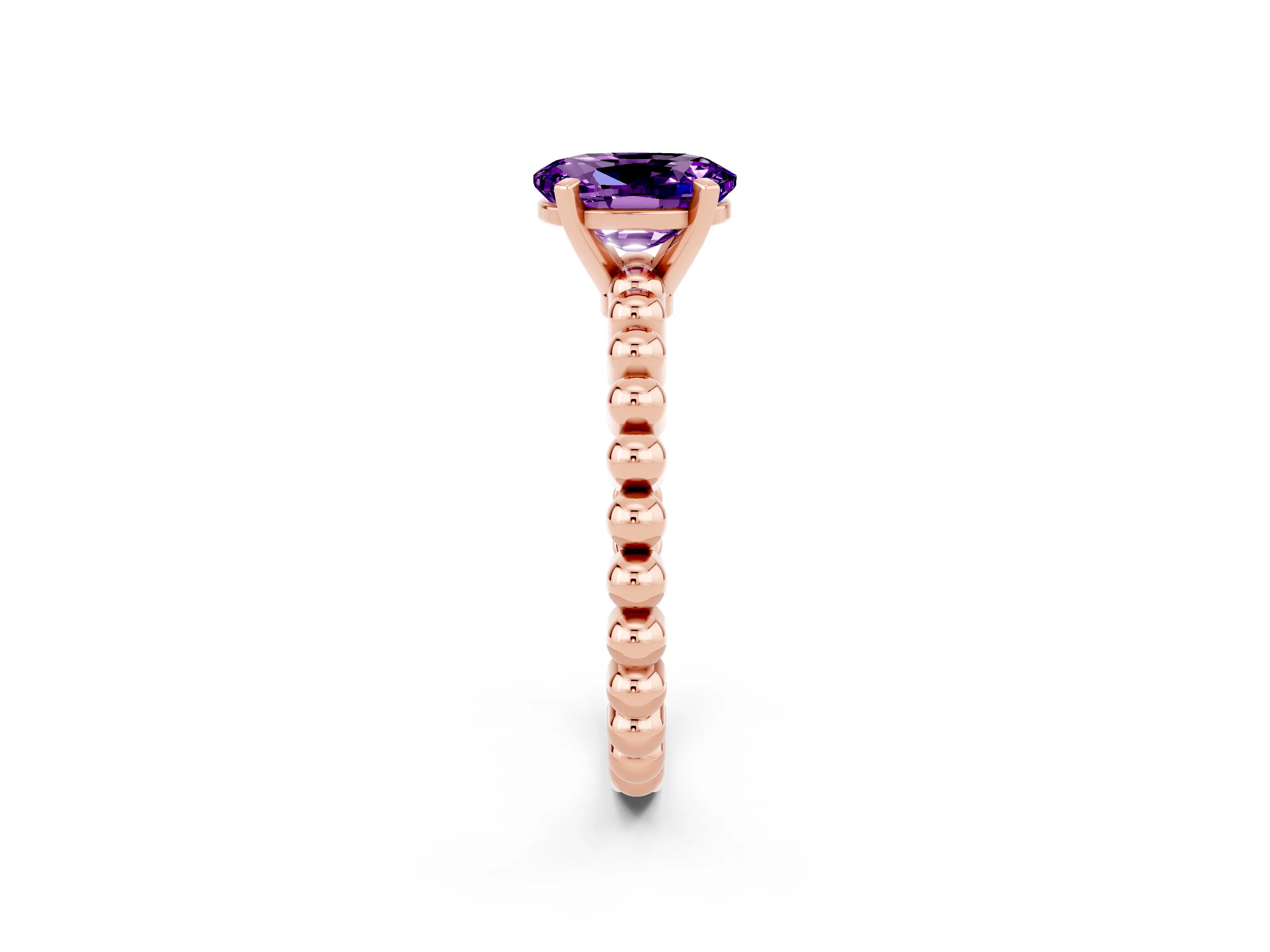 Rose gold Oval Cut Amethyst Solitaire Ring with Beaded Band and Prong Setting_2