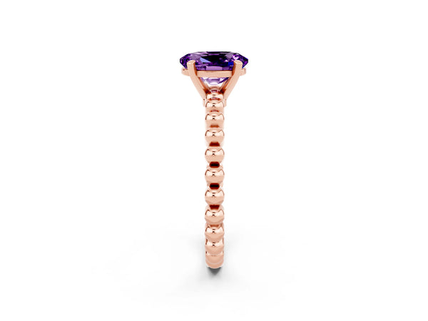 Rose gold Oval Cut Amethyst Solitaire Ring with Beaded Band and Prong Setting