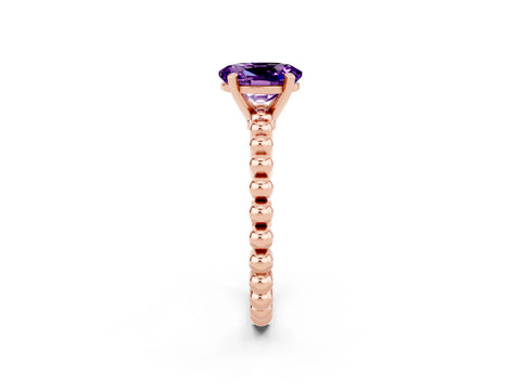 Rose gold Oval Cut Amethyst Solitaire Ring with Beaded Band and Prong Setting_2