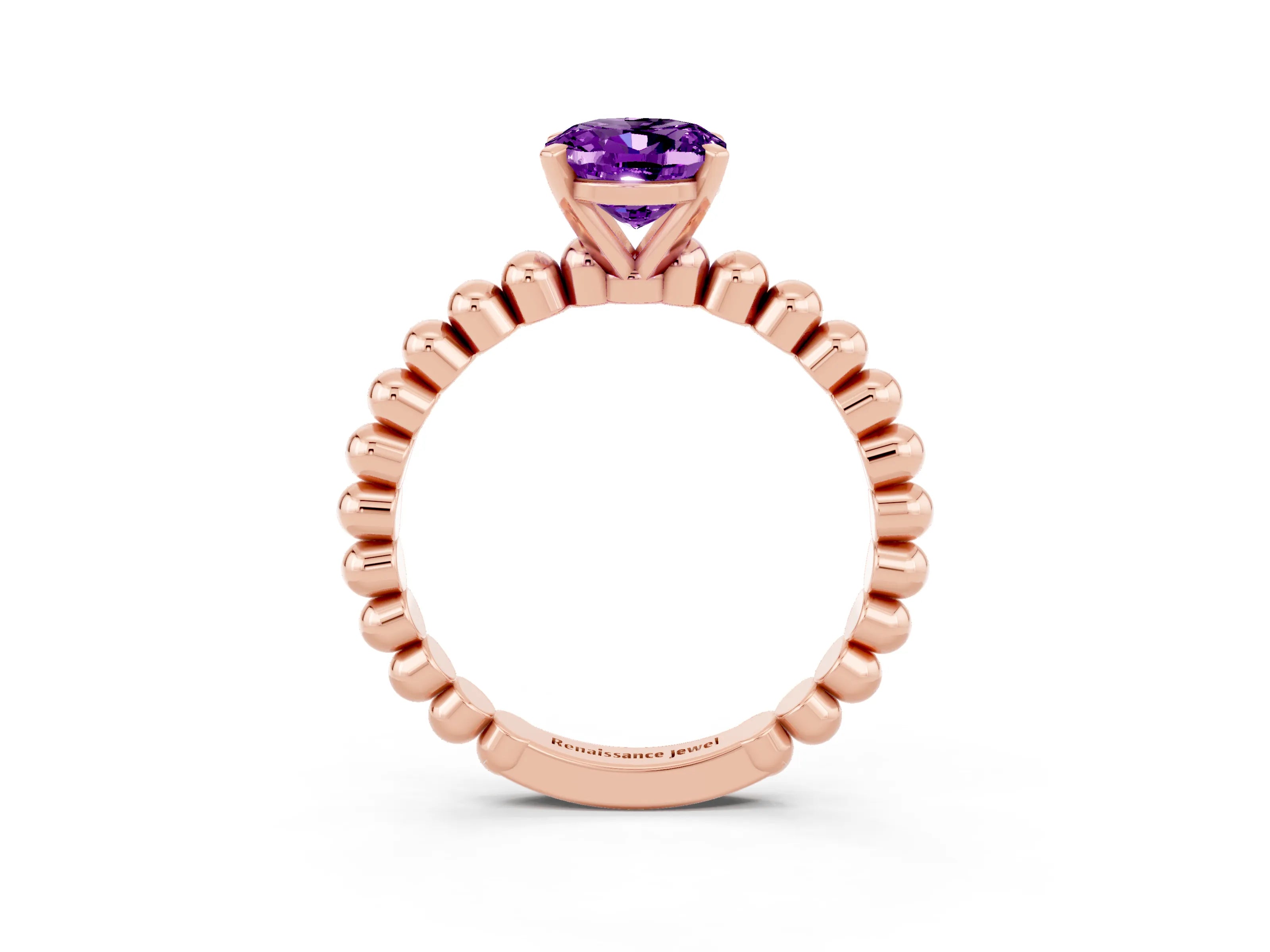 Rose gold Oval Cut Amethyst Solitaire Ring with Beaded Band and Prong Setting_3