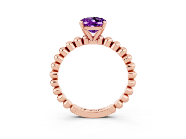 Rose gold Oval Cut Amethyst Solitaire Ring with Beaded Band and Prong Setting