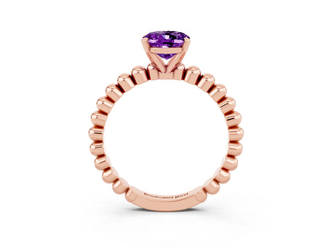 Rose gold Oval Cut Amethyst Solitaire Ring with Beaded Band and Prong Setting_3