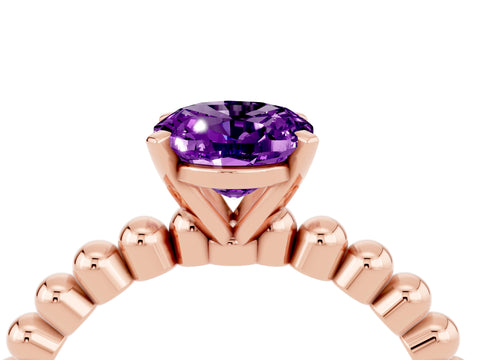 Rose gold Oval Cut Amethyst Solitaire Ring with Beaded Band and Prong Setting_4