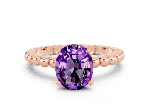 Rose gold Oval Cut Amethyst Solitaire Ring with Beaded Band and Prong Setting