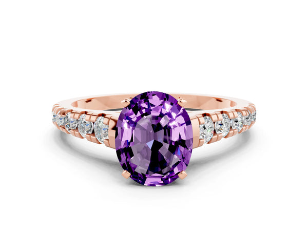 Rose gold Oval Cut Amethyst Cathedral Solitaire Ring with Round  Pavé Band
