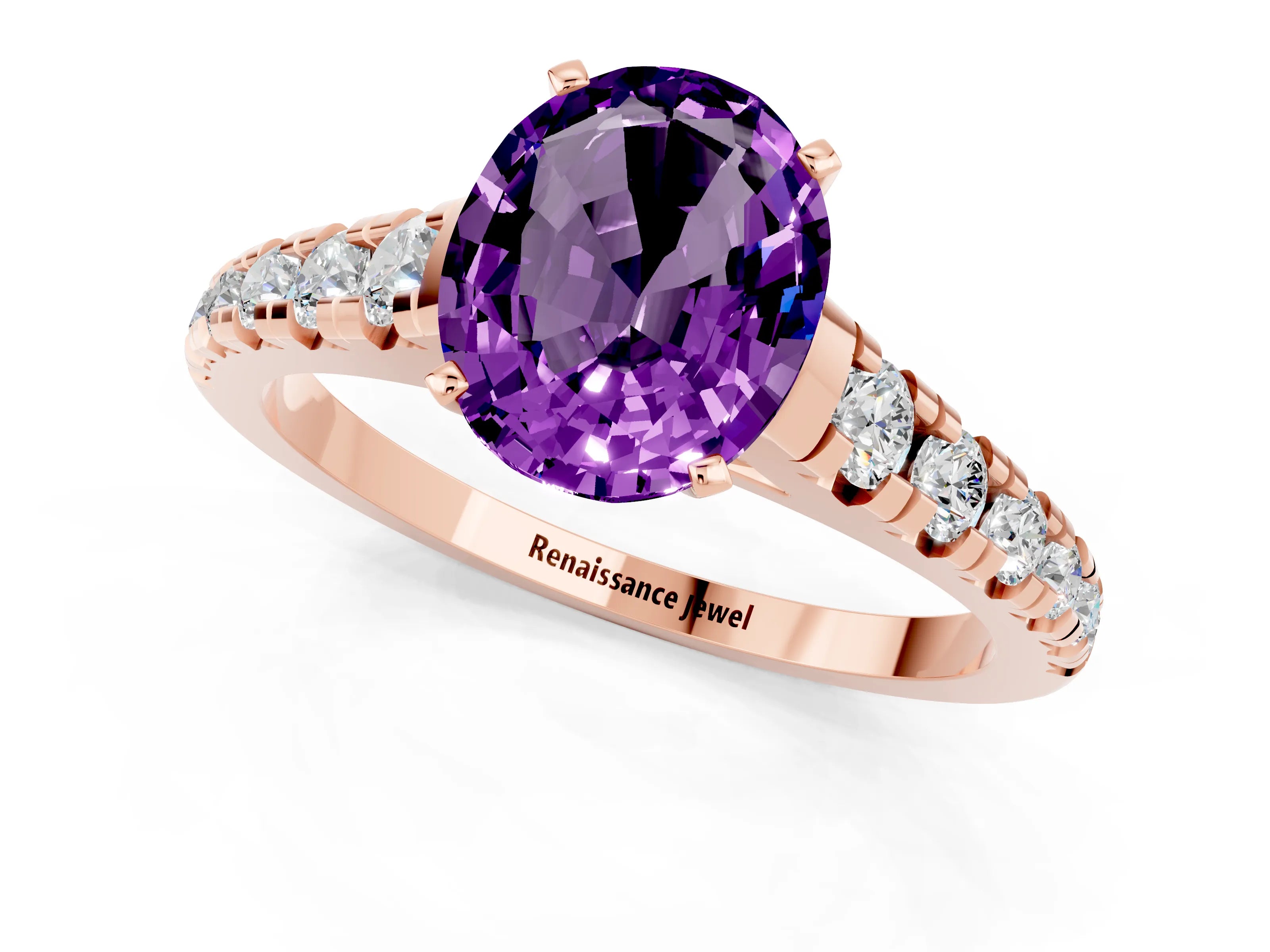 Rose gold Oval Cut Amethyst Solitaire Ring with Cathedral Setting and Pavé Band_1
