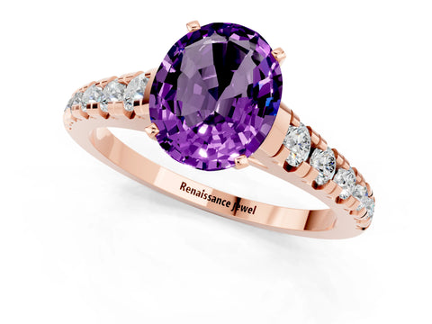 Rose gold Oval Cut Amethyst Solitaire Ring with Cathedral Setting and Pavé Band_1