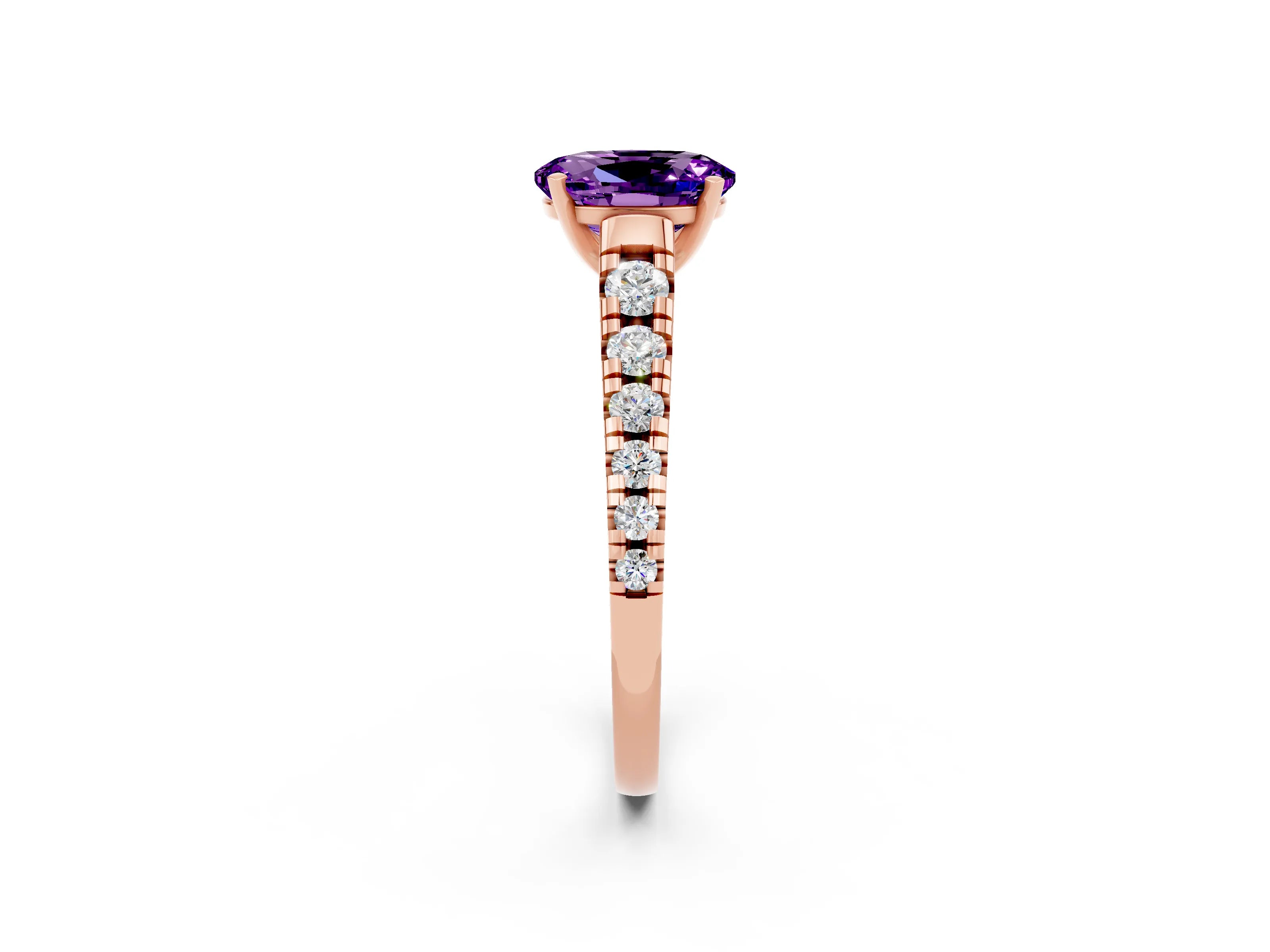 Rose gold Oval Cut Amethyst Solitaire Ring with Cathedral Setting and Pavé Band_2