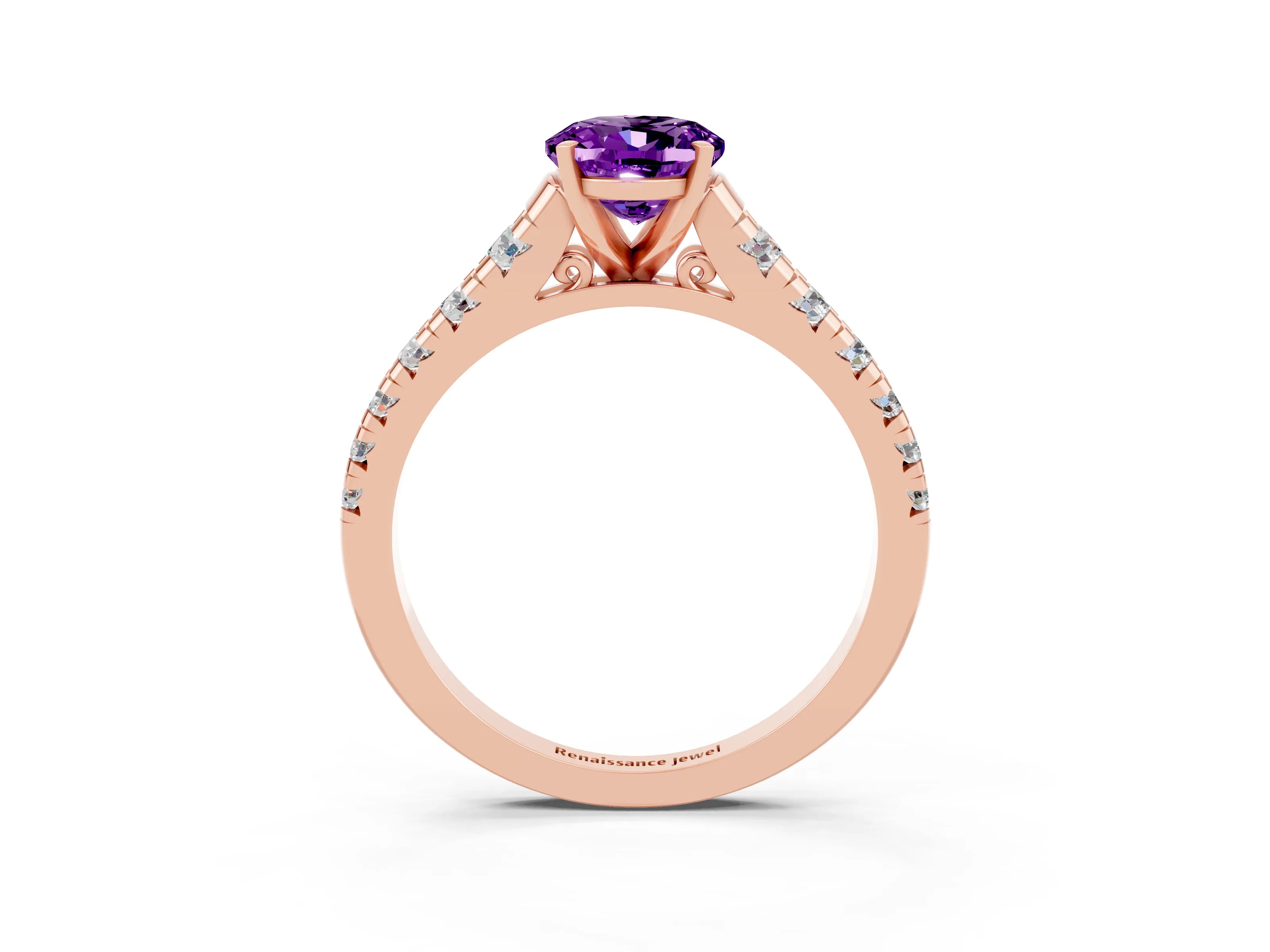 Rose gold Oval Cut Amethyst Solitaire Ring with Cathedral Setting and Pavé Band_3