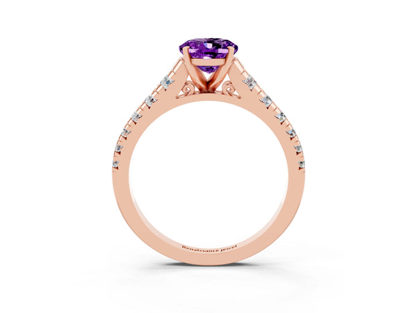 Rose gold Oval Cut Amethyst Cathedral Solitaire Ring with Round  Pavé Band