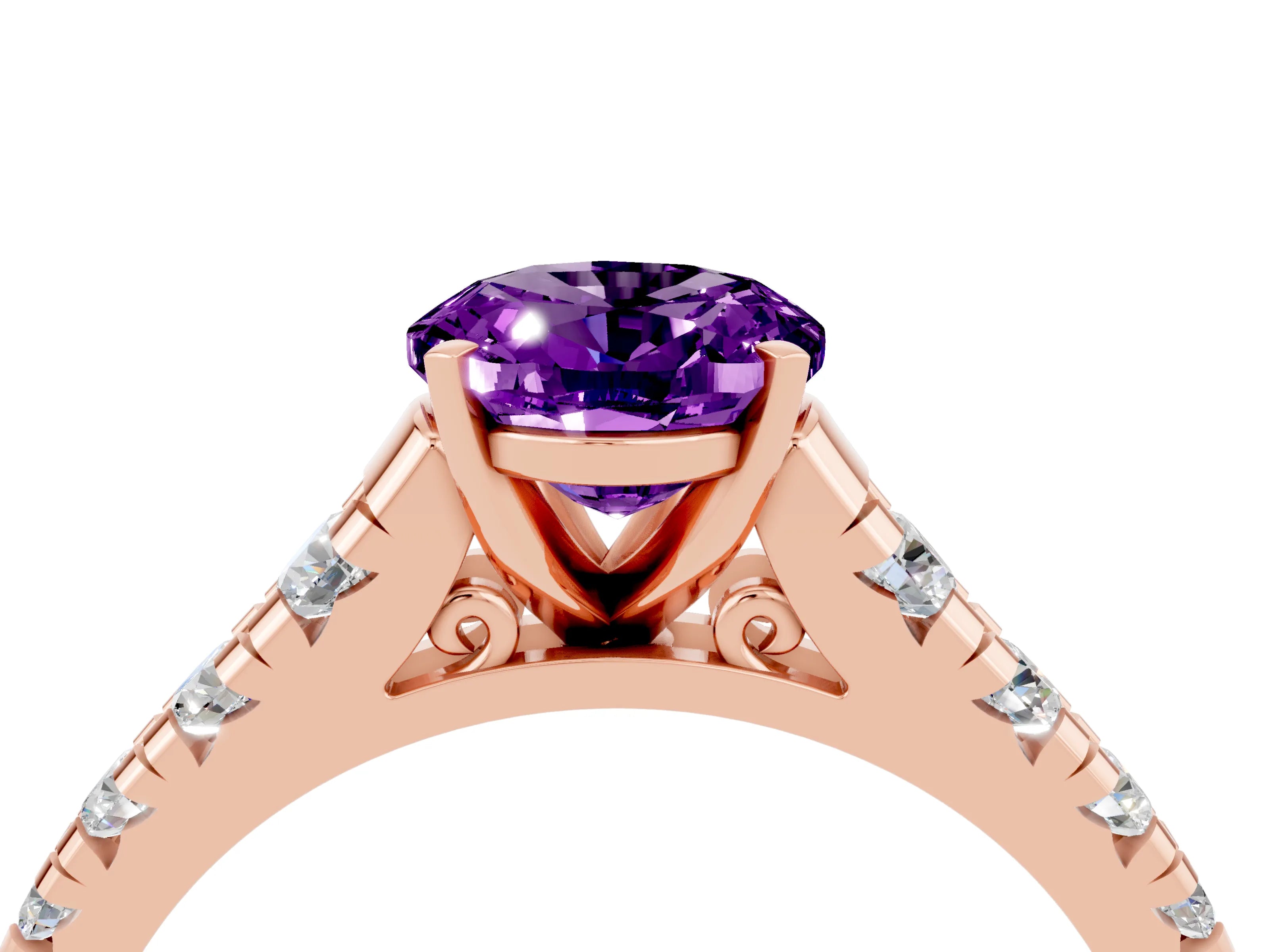 Rose gold Oval Cut Amethyst Solitaire Ring with Cathedral Setting and Pavé Band_4