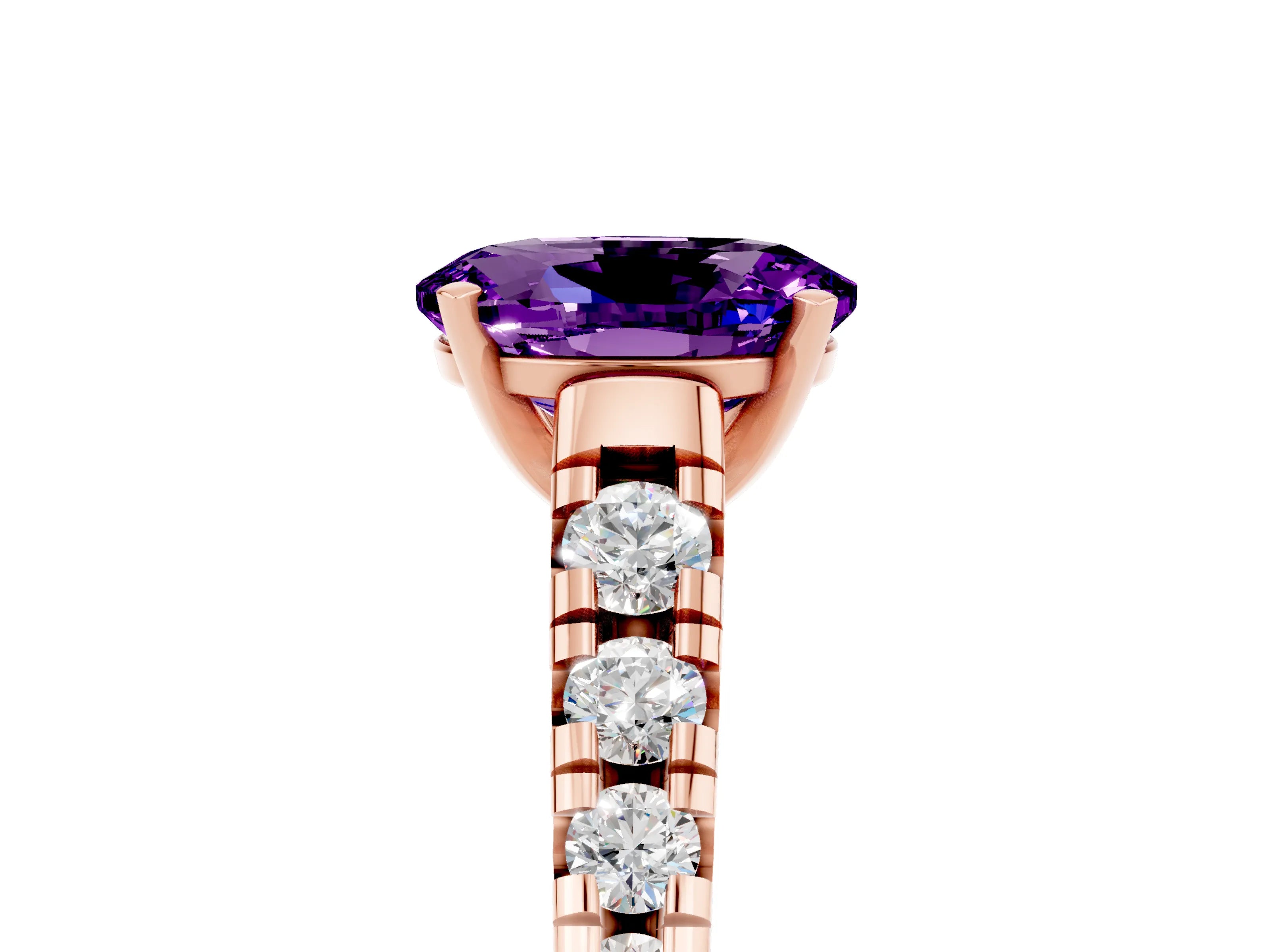 Rose gold Oval Cut Amethyst Solitaire Ring with Cathedral Setting and Pavé Band_5