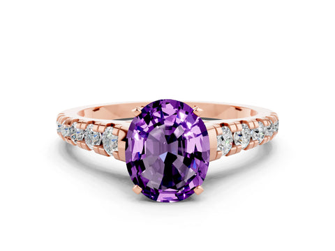 Rose gold Oval Cut Amethyst Solitaire Ring with Cathedral Setting and Pavé Band