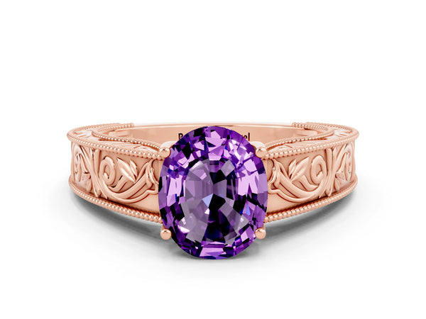 Rose gold Oval Cut Amethyst Solitaire Ring with Engraved Band and Four-Prong Setting