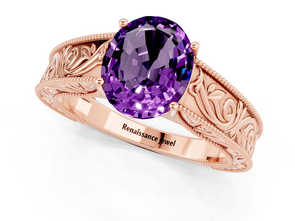 Rose gold Oval Cut Amethyst Solitaire Ring with Engraved Band and Four-Prong Setting