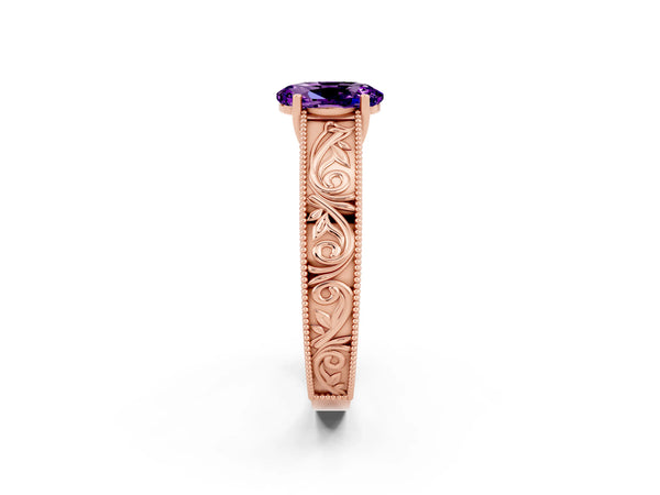 Rose gold Oval Cut Amethyst Solitaire Ring with Engraved Band and Four-Prong Setting