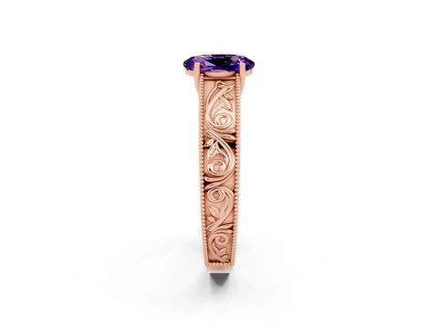 Rose gold Oval Cut Amethyst Solitaire Ring with Engraved Band and Four-Prong Setting_2