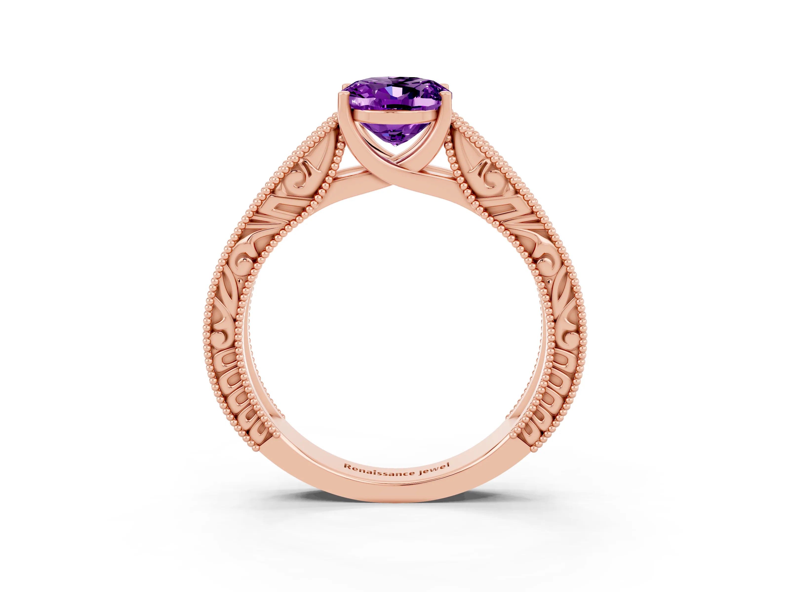 Rose gold Oval Cut Amethyst Solitaire Ring with Engraved Band and Four-Prong Setting_3