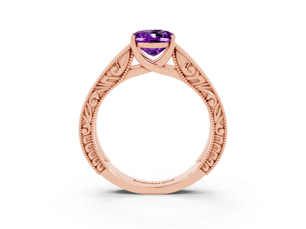 Rose gold Oval Cut Amethyst Solitaire Ring with Engraved Band and Four-Prong Setting